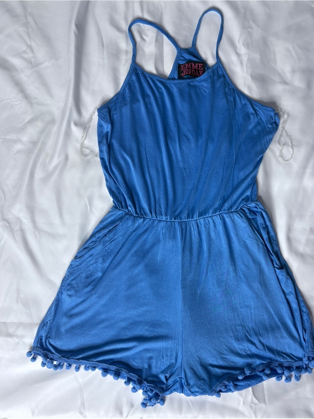 Emme Jordan Blue Pom-Pom Strap Romper